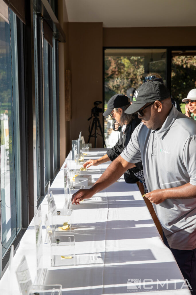Three people stand at a table with transparent boxes containing yellow paper. Sunlight streams in through large windows, creating a focused and engaging scene.