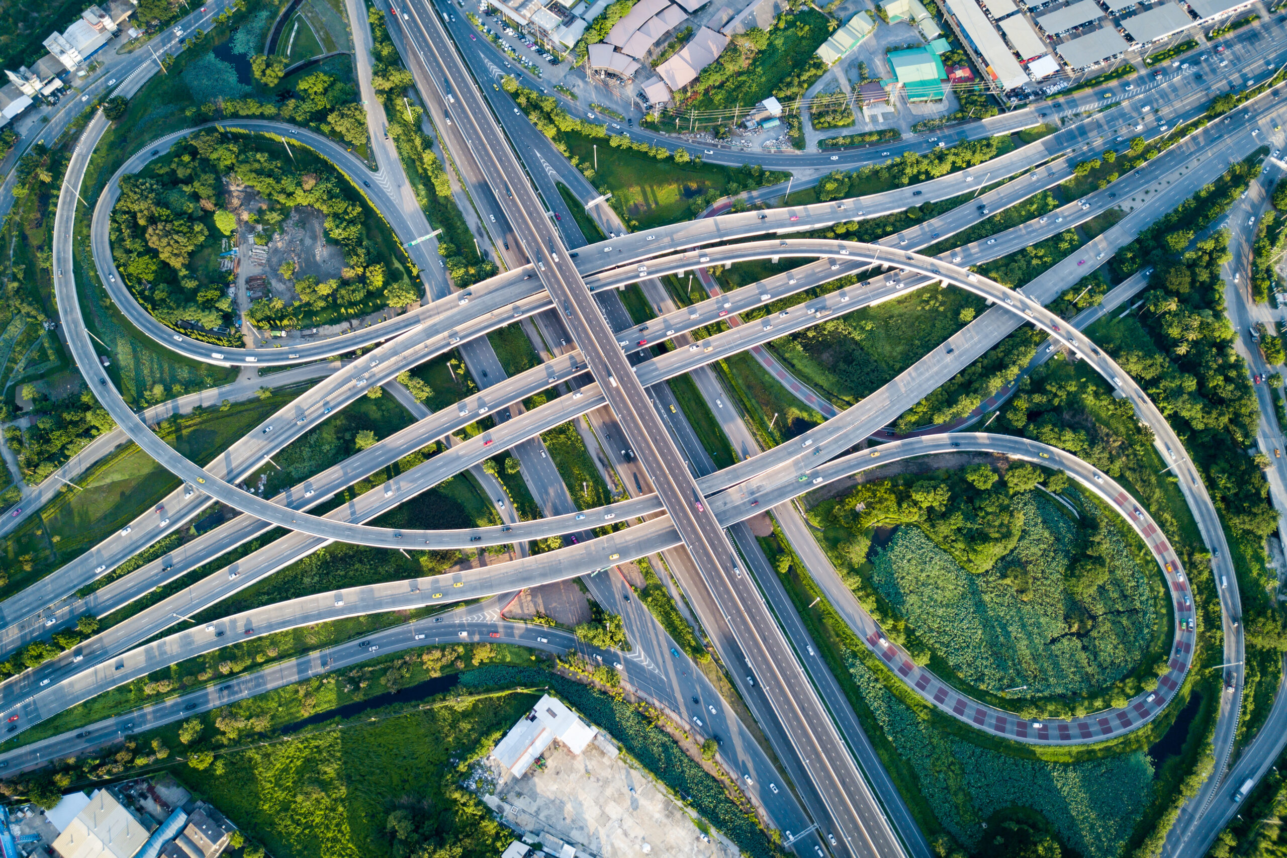 aerial view of freeway interchanges